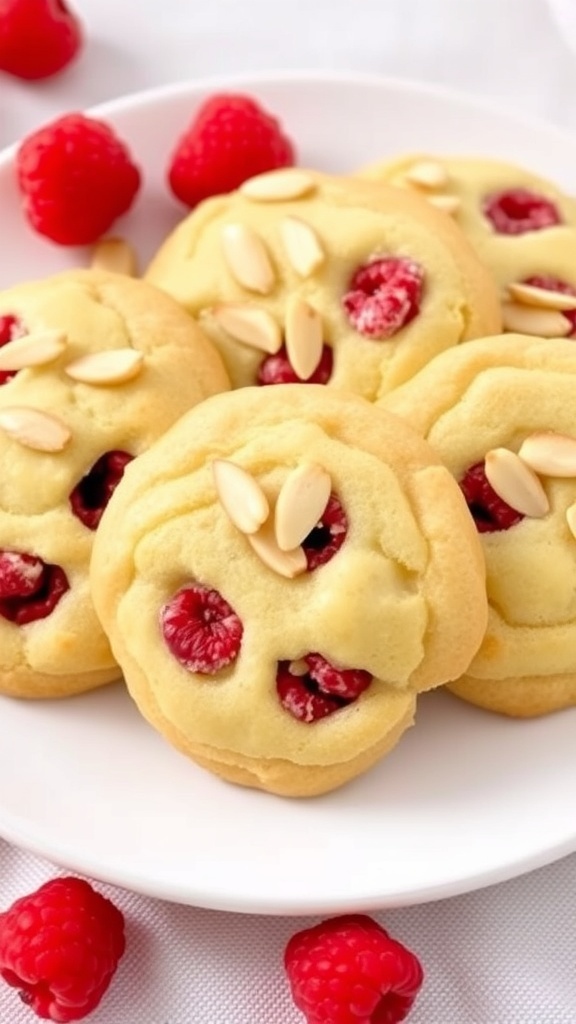 A plate of golden Raspberry Almond Cookies with visible raspberries and almond slices, surrounded by fresh raspberries.